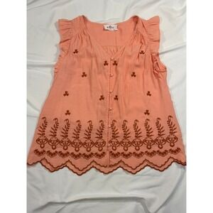 Peach Embroidered Scalloped Hem Ruffle Sleeve Button Front Blouse Large